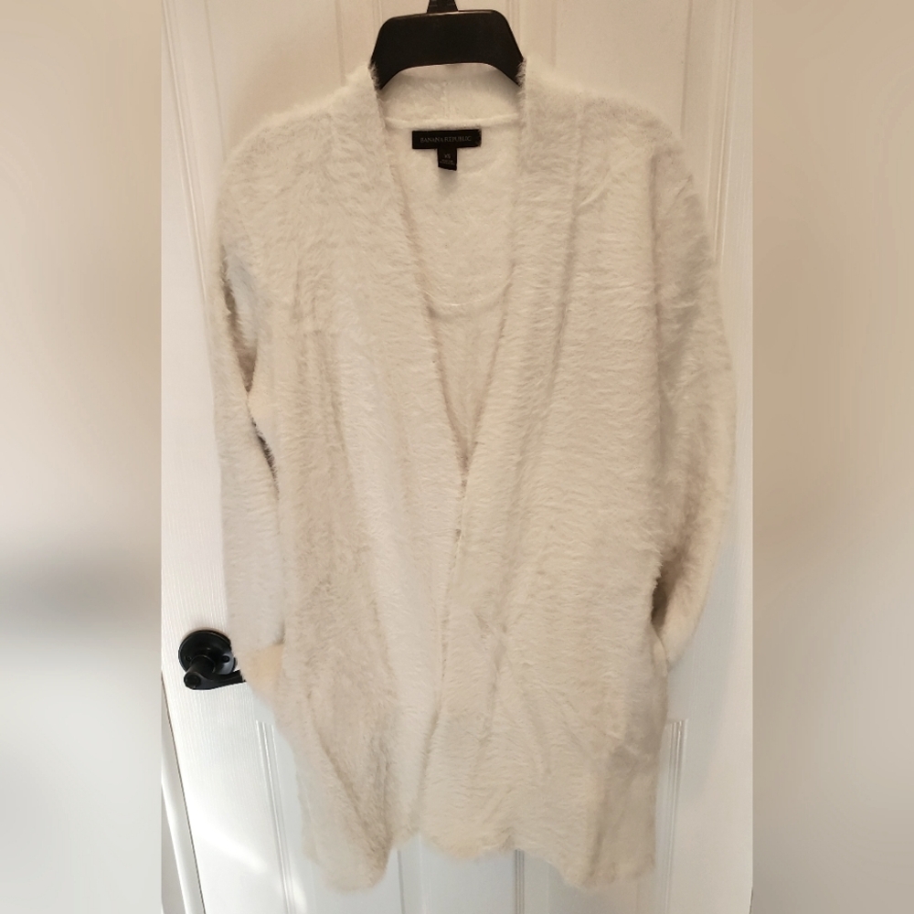 Banana Republic Faux Fur White Open Sweater